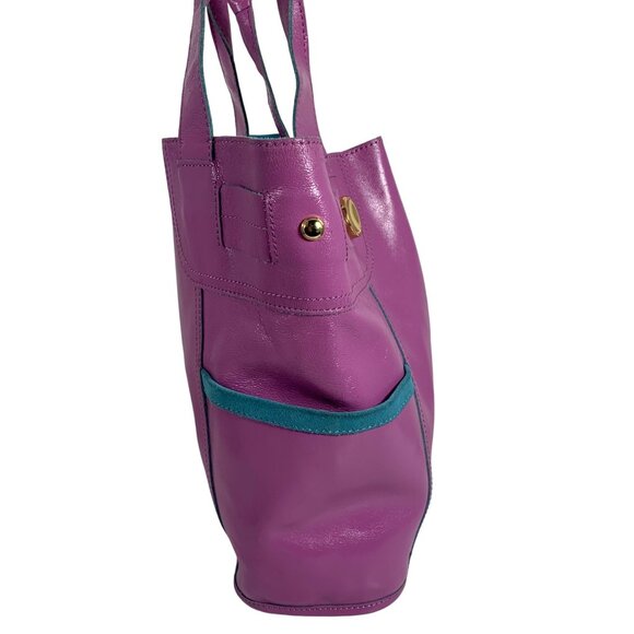 B Makowsky Purple Patent Leather Teal Suede Trim Tote Handbag Weekender Bag - Picture 4 of 14